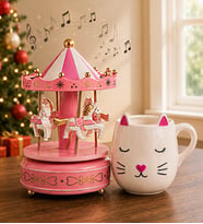 Yılbaşı Hediyesi Atlı Karınca Müzik Kutusu & 3D Kedi Figürlü Kupa