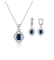 Gümüş Safir Taşlı Kadın Kolye Küpe Seti Gümüş Kolye Set (Mavi)