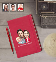 Kişiye Özel Aile Karikatürlü Kırmızı Defter Kalem Hediye Seti   Mod-1