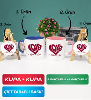 İkili Lacivert Pembe Love Tasarımlı Sevgililer Günü Hediyesi Kupa Bardak Anahtarlık