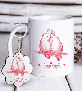 BK Gift Kişiye Özel Sevgililer Günü Beyaz Kupa ve Anahtarlık Hediye Seti-37 (Model 1)