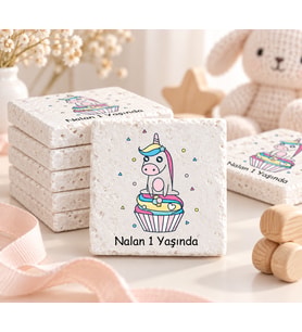 30 Adet Kişiye Özel Baskılı Doğal Taş Magnet 5x5cm Doğum Günü, Hoşgeldin Bebek (Beyaz)