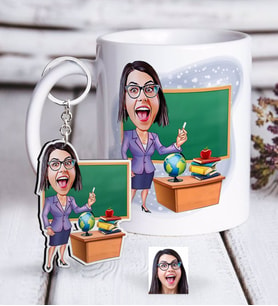 BK Gift Kişiye Özel Bayan Öğretmen Karikatürlü Beyaz Kupa ve Anahtarlık Hediye Seti-1 (Model 1)