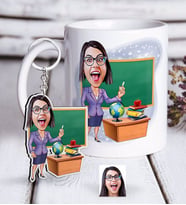 BK Gift Kişiye Özel Bayan Öğretmen Karikatürlü Beyaz Kupa ve Anahtarlık Hediye Seti-1 (Model 1)