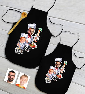 BK Gift Kişiye Özel İkili Baba Oğul Karikatürlü Siyah Mutfak Önlüğü Seti-1