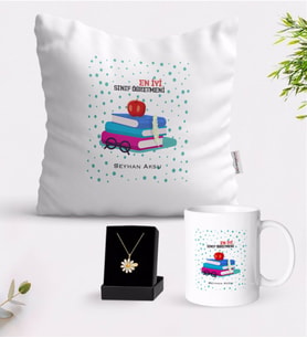 BK Gift Kişiye Özel En İyi Sınıf Öğretmeni Beyaz Kupa Yastık ve İsimli Papatya Kolye Hediye Seti-13 (Model 1)