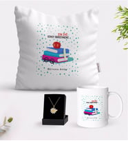 BK Gift Kişiye Özel En İyi Sınıf Öğretmeni Beyaz Kupa Yastık ve İsimli Papatya Kolye Hediye Seti-13 (Model 1)