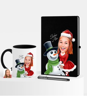 BK Gift Kişiye Özel Yılbaşı Temalı Bayan Karikatürlü Siyah Defter Kalem Kupa Seti - 4