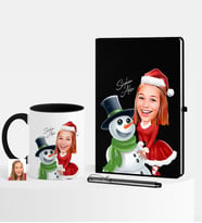 BK Gift Kişiye Özel Yılbaşı Temalı Bayan Karikatürlü Siyah Defter Kalem Kupa Seti - 4