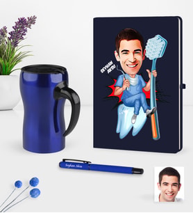 BK Gift Kişiye Özel Bay Diş Hekimi Karikatürlü Lacivert Defter Kalem Termos Mug Seti - 2 (Model 1)