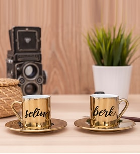 Çiftlere Özel İsimli İkili Gold Kahve Fincanı Takımı
