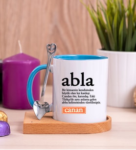 Abla Kelime Anlamı Ahşap Altlıklı Mavi Kupa Bardak