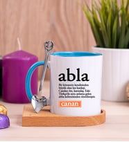 Abla Kelime Anlamı Ahşap Altlıklı Mavi Kupa Bardak
