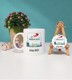 Mesajlı Laborant Tasarımlı Kişiye Özel Laborant Kupa Bardak ve Ahşap Anahtarlık Hediye Seti