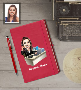 Kişiye Özel Patron Karikatürlü  Kırmızı Defter Kalem Hediye Seti Bayan-17