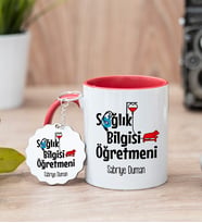 Sağlık Bilgisi Öğretmeni Kırmızı Kupa Bardak Ve Anahtarlık Set