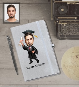 Kişiye Özel Mezuniyet Karikatürlü Gri Defter Kalem Hediye Seti  Bay-3