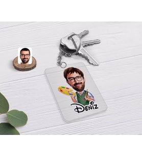 BK Gift Kişiye Özel Erkek Ressam Karikatürlü Şeffaf Pleksi Anahtarlık (Beyaz)