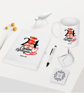 BK Gift Kişiye Özel Canım Öğretmenim Temalı Beyaz Defter Kalem Kupa Ayna Seti - 2