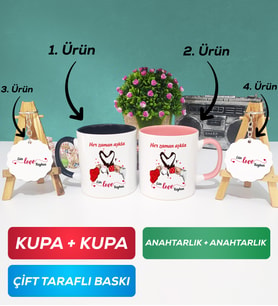 İkili Siyah Pembe Sevgiliye Sevgililer Günü Hediyesi 10 Kupa Bardak Anahtarlık