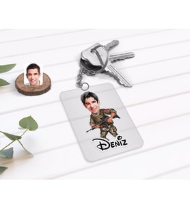 BK Gift Kişiye Özel Asker Karikatürlü Şeffaf Pleksi Anahtarlık-1 (Beyaz)