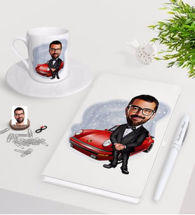 BK Gift Kişiye Özel Erkek Patron Karikatürlü Beyaz Defter Kalem Türk Kahvesi Fincanı Seti-1 (Model 1)