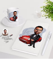 BK Gift Kişiye Özel Erkek Patron Karikatürlü Beyaz Defter Kalem Türk Kahvesi Fincanı Seti-1 (Model 1)
