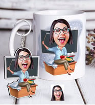 BK Gift Kişiye Özel Bayan Öğretmen Karikatürlü Beyaz Kupa ve Anahtarlık Hediye Seti-2 (Model 1)