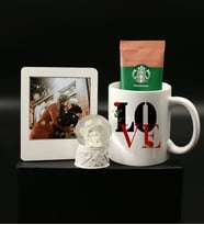 Kişiye Özel Beyaz Instagram Çerçeve & LOVE Baskılı Kupa & Mini Kar Küresi & Starbucks Kahve Hediye Seti