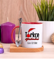 Türkçe Öğretmeni Ahşap Altlıklı Kırmızı Kupa Bardak