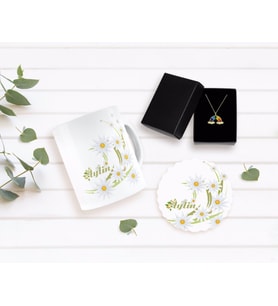 BK Gift Kişiye Özel Papatya Temalı Kupa Bardak Altlığı ve Çift Harfli Bulut Kolye Seti-1 (Model 1)
