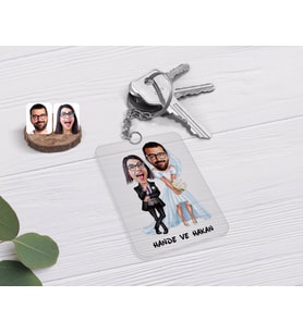 BK Gift Kişiye Özel Sevgililer Karikatürlü Şeffaf Pleksi Anahtarlık-16 (Beyaz)