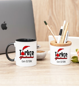 Türkçe Öğretmeni Siyah Kupa Bardak Ve Kalemlik Hediye Seti