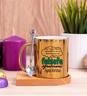 Felsefe Öğretmeni Ahşap Altlıklı Gold Kupa Bardak