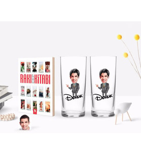 BK Gift Kişiye Özel Renkli Baskılı Erkek Karikatürlü İkili Rakı Bardağı ve Rakı Cep Kitabı Hediye Seti-52 (Model 1)