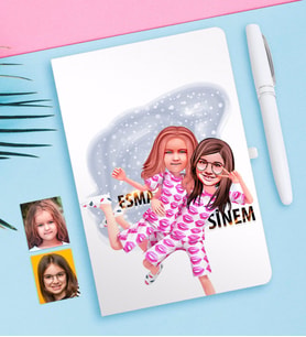BK Gift Kişiye Özel Kız Kardeşler Karikatürlü Beyaz Defter ve Kalem Hediye Seti-1