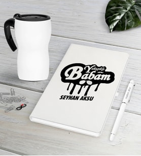 BK Gift Kişiye Özel Yakışıklı Babam Beyaz Defter Kalem Termos Mug Seti-2 (Model 1)