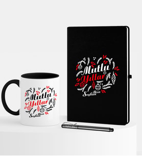 BK Gift Kişiye Özel Yılbaşı Mutlu Yıllar Temalı Siyah Defter Kalem Kupa Seti - 5