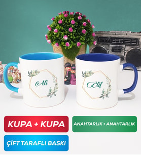 İkili Çiçek Tasarımlı İsme Özel Kupa Bardak Mavi Lacivert