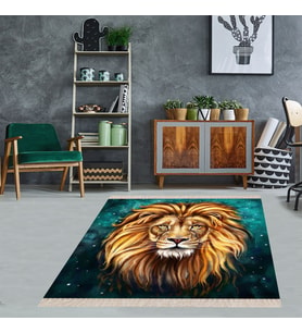 Aslan Kafası Portre Aslan Burcu Dijital Baskı Yıkanabilir Modern Salon Halı ve Yolluk (Sarı-Yeşil)