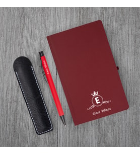 Kişiye Özel UV Baskılı Klasik Model Bordo Defter ve Kırmızı Tükenmez Kalem