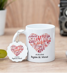 Love Tasarım Hediyelik Beyaz Kupa Bardak Ve Anahtarlık Set