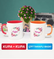 İkili Kişiye Özel İsim Yazılı Çiçek Tasarımlı Kupa Bardak Kırmızı Turuncu