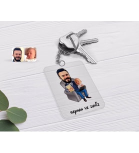 BK Gift Kişiye Özel Baba Oğul Karikatürlü Şeffaf Pleksi Anahtarlık-1 (Beyaz)