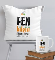 BK Gift Kişiye Özel Fen Bilgisi Öğretmeni Temalı Yastık Kupa Seti - 1