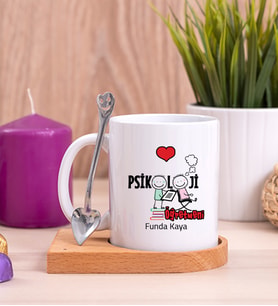 Psikoloji Öğretmeni Ahşap Altlıklı Beyaz Kupa Bardak