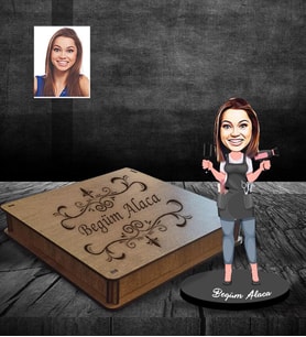 Kişiye Özel Kuaför Bayan Karikatürlü Ahşap Biblo Kutulu Mod-2