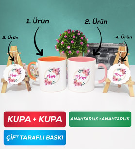 İkili Turuncu Pembe Kişiye Özel İsim Yazılı Çiçek Tasarımlı Kupa Bardak Anahtarlık Hediye Seti