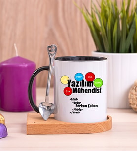 Yazılım Mühendisi Ahşap Altlıklı Siyah Kupa Bardak