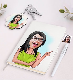 BK Gift Kişiye Özel Kadın Karikatürlü Beyaz Defter Kalem ve Anahtarlık Hediye Seti-19 (Model 1)